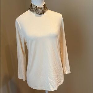 L’Agence Mya Elegant Cream Top with Embellished Collar Sz L Long Sleeved Nylon